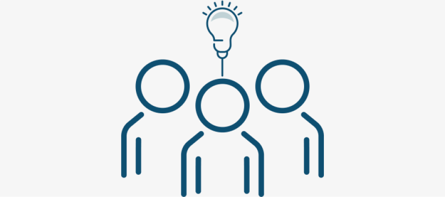 Animated silhouette of three figures with a lightbulb above them